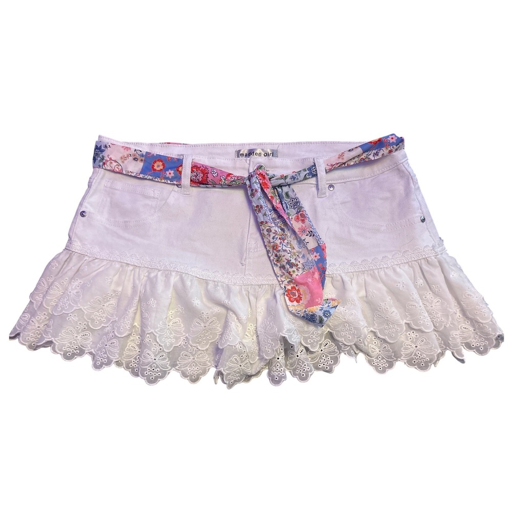 Madden Girl White Scarf Belt Eyelet Ruffle Denim Mini Skirt Y2K L